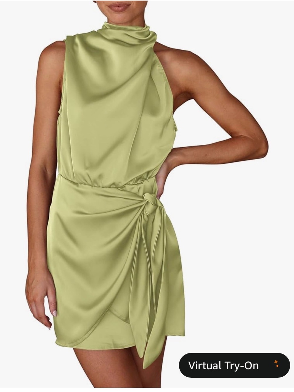 Satin High-Neck Tie-Waist Mini Dress in Olive